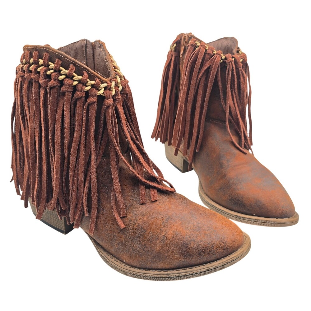 Very G Brown Fringe Western Ankle Boots Booties Gold Chain Detail Pointed Toe